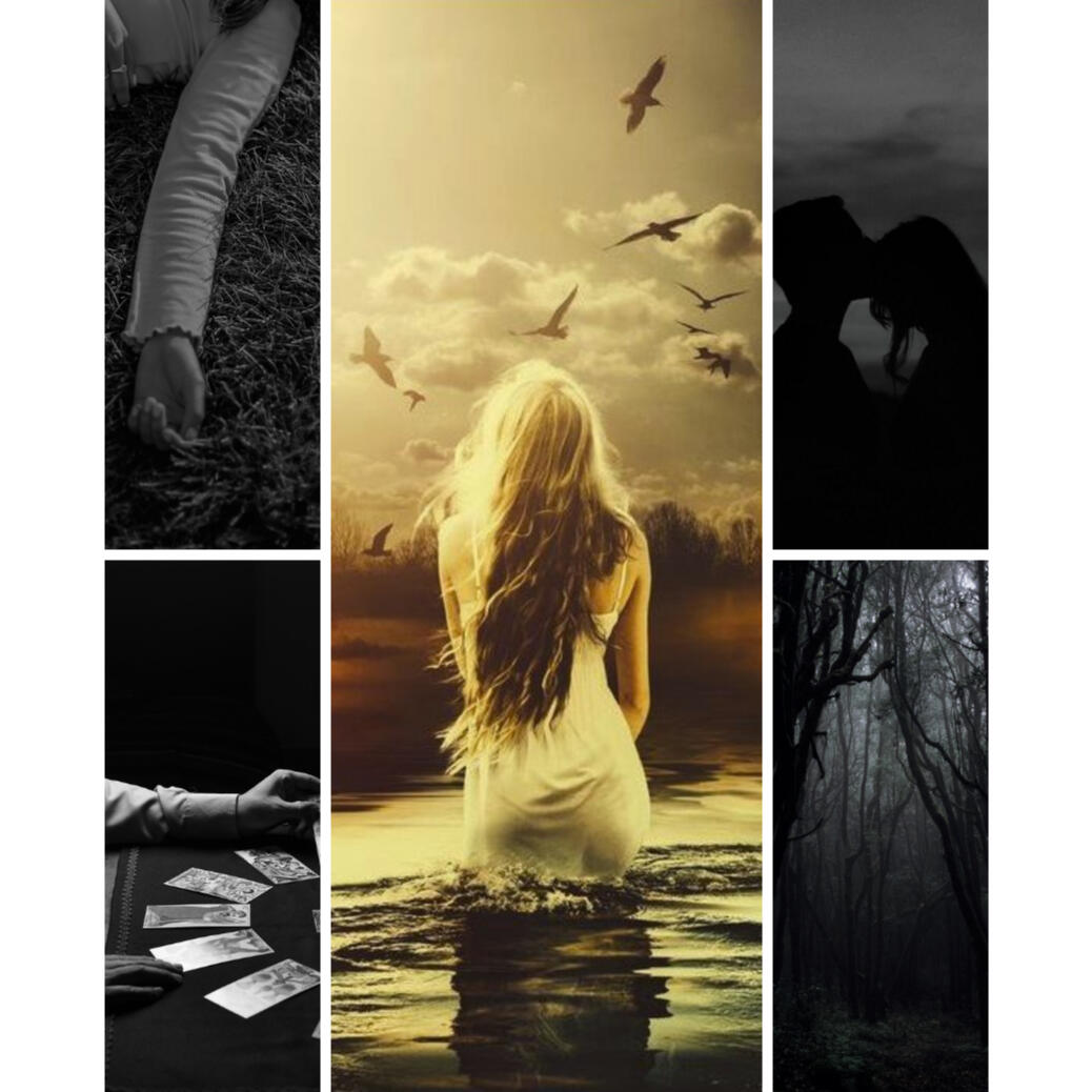 Girl's arm in grass, tarot cards, girl wading into water crows flying, boy kissing girl on head, dark forest