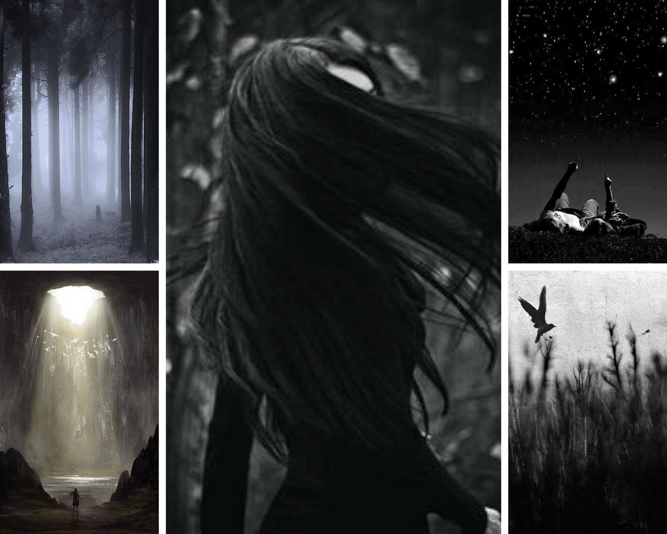 foggy forest, cave with light coming in, girl running looking back, boy and girl stargazing, crow